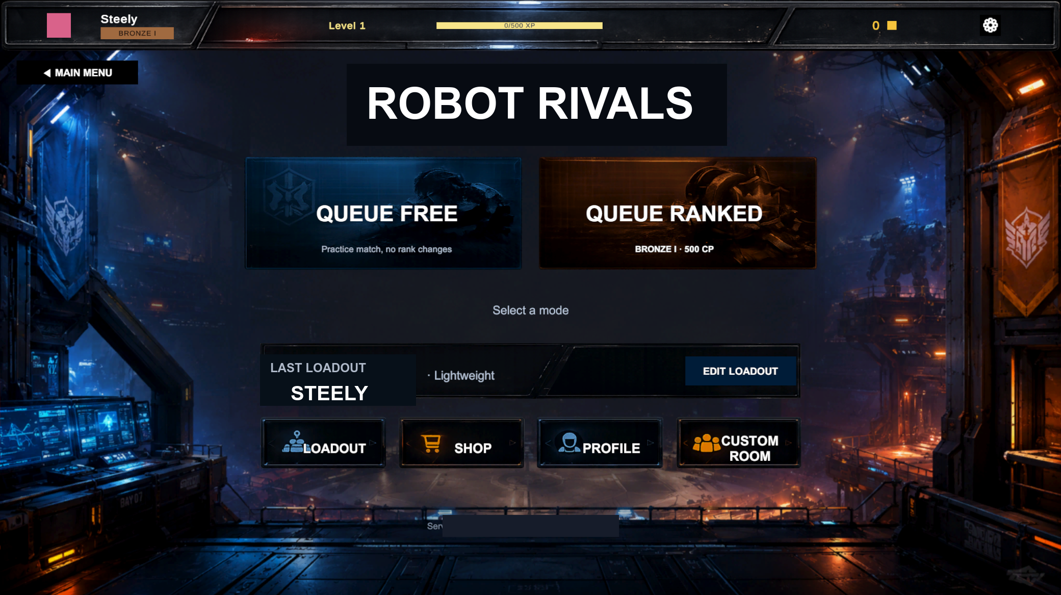 Robot Rivals prototype main menu showing free queue, ranked queue, loadout, shop, profile, and custom room options