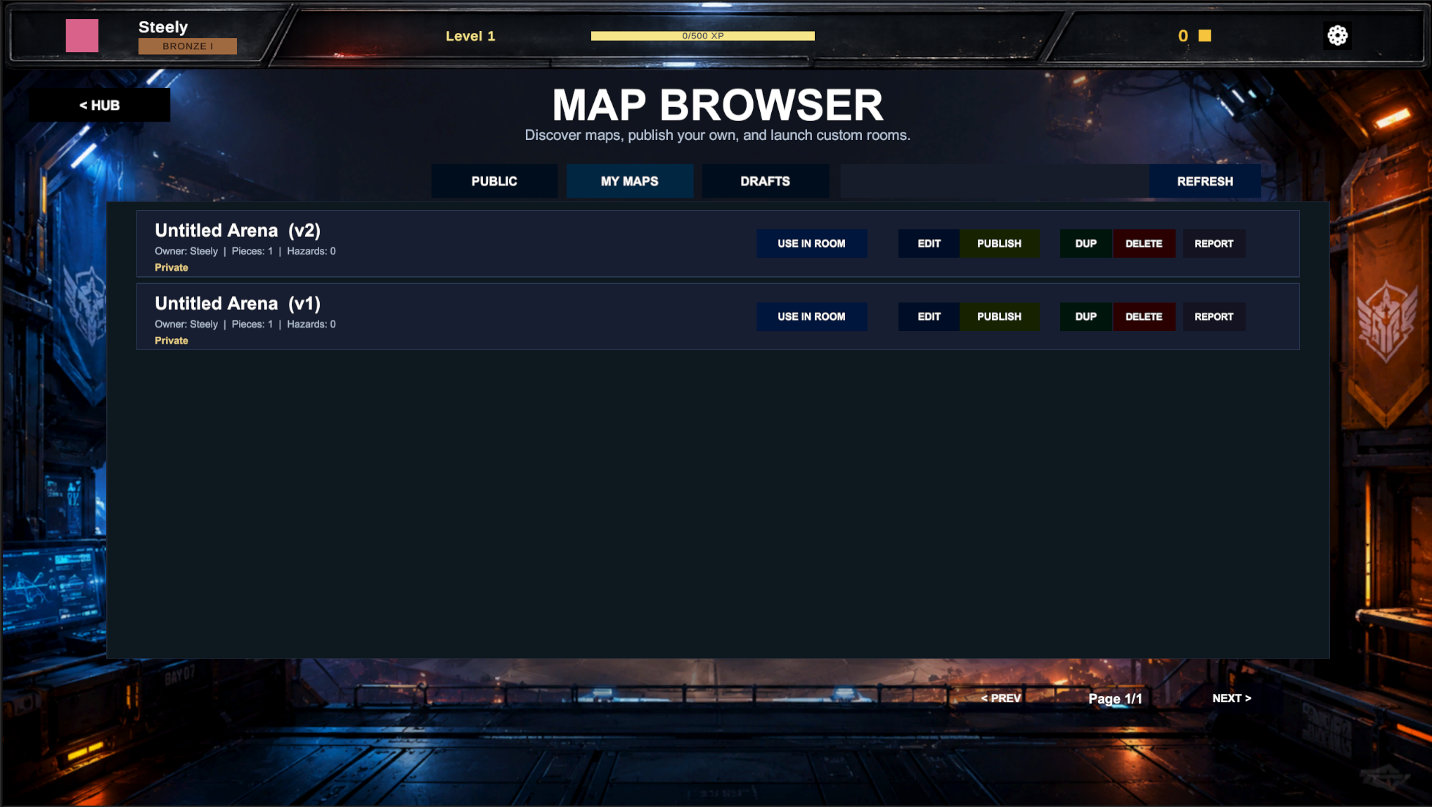 Robot Rivals prototype map browser with draft arenas and custom room options