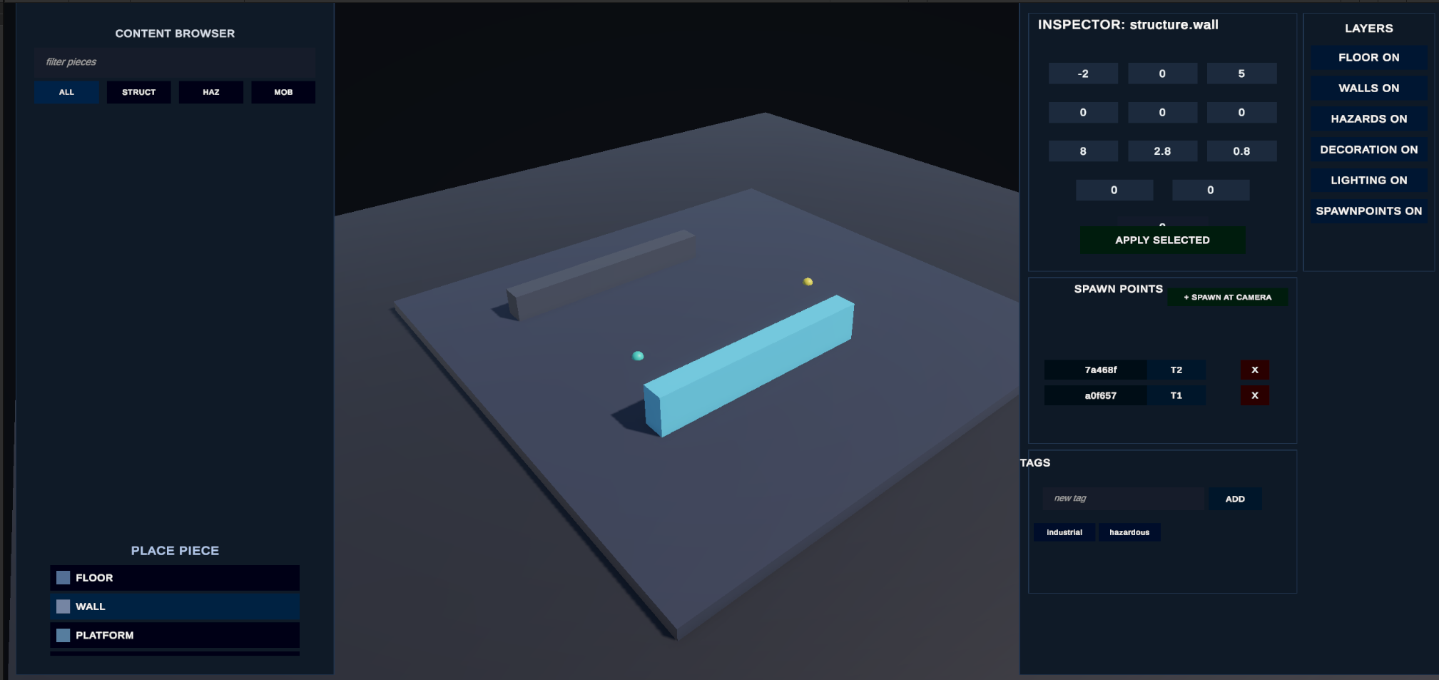 Robot Rivals prototype map editor showing arena pieces, spawn points, hazards, and editor panels