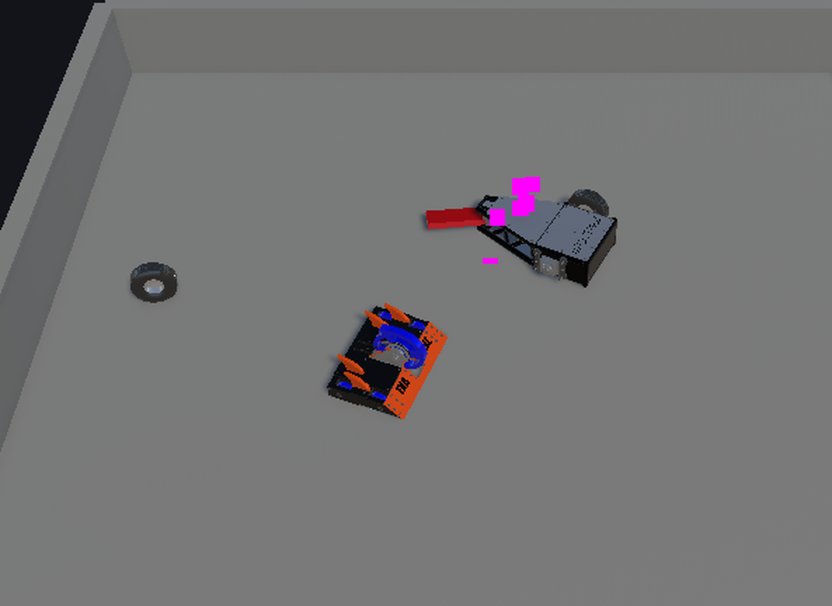 Early Robot Rivals combat prototype snapshot with two robots colliding in a simple test arena